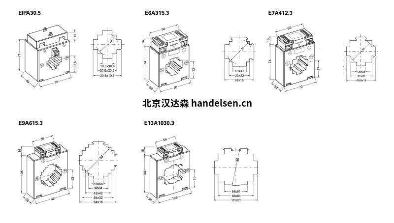Janitza用于計費的塑殼電流互感器，等級0.5尺寸表